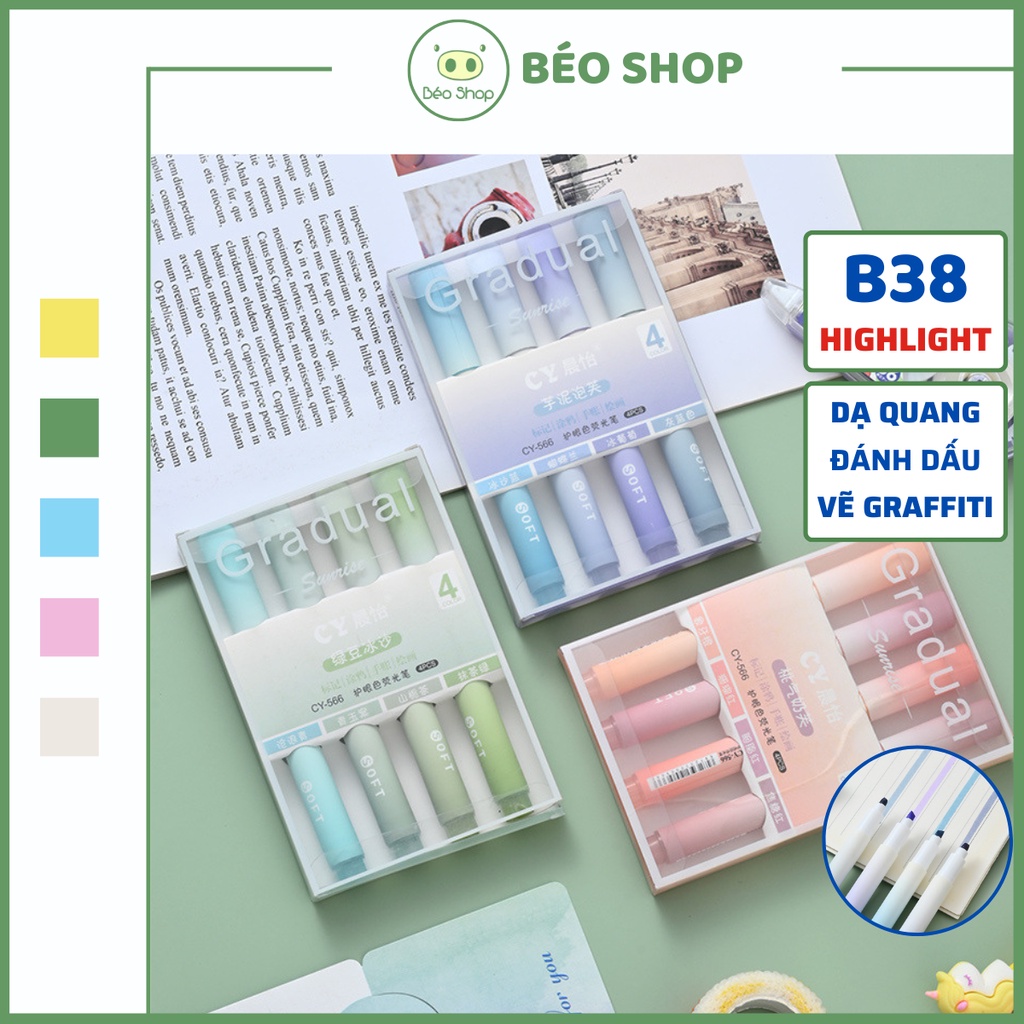 Set bút highlight dạ quang Pkbeoshop hộp 4 bút Gradual đánh dấu nhớ dòng nhiều màu vẽ graffiti B38