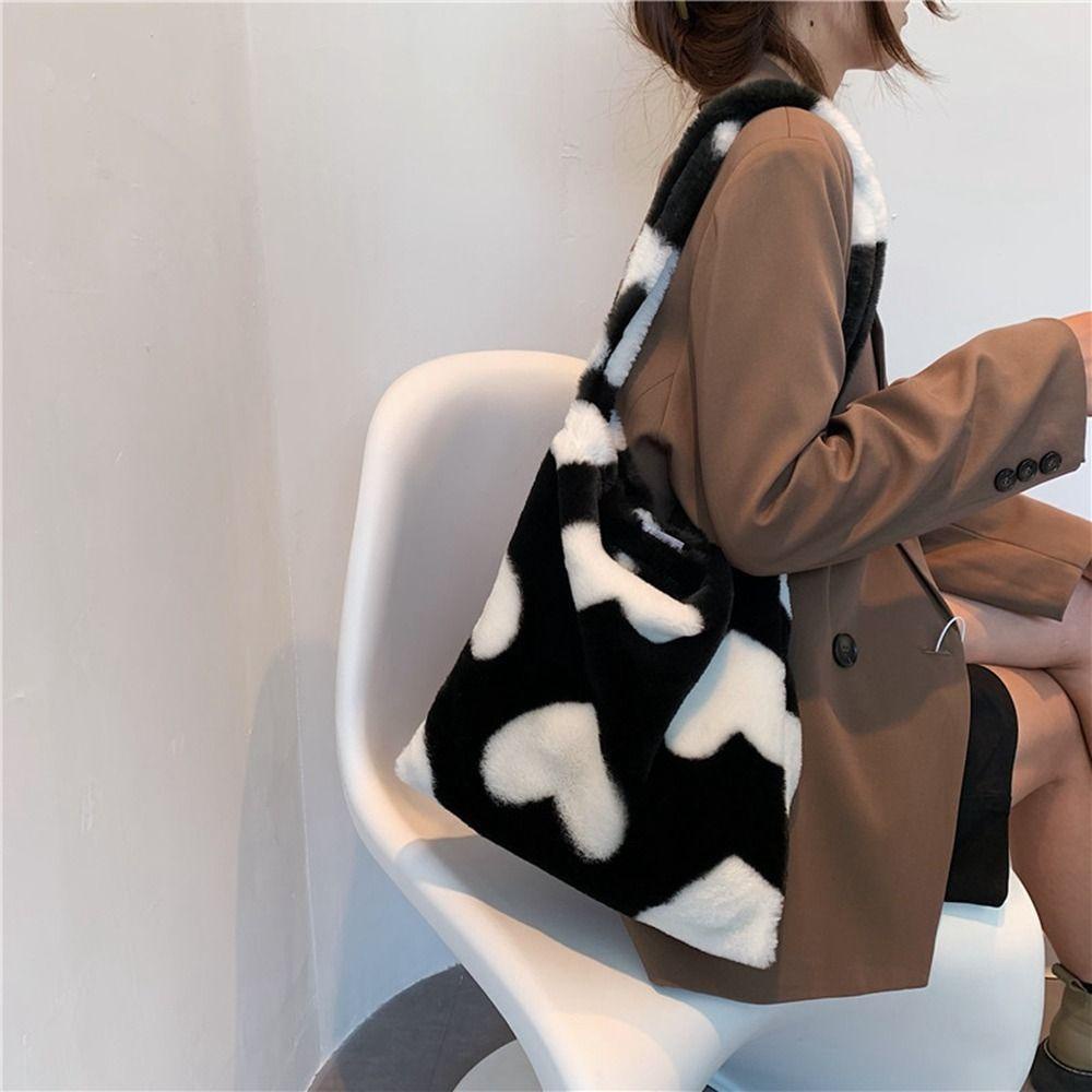 Túi Đeo Vai Bằng Lông Cừu Họa Tiết Hình Thoi Hình Trái Tim Sức Chứa Lớn Cho Nữ