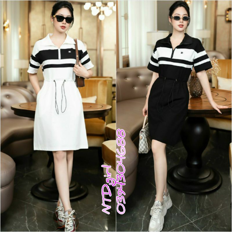Hàng nhập - Đầm dáng ôm thun cotton kẻ ngang rút dây eo, váy body tay ngắn cổ sơ mi kéo khóa