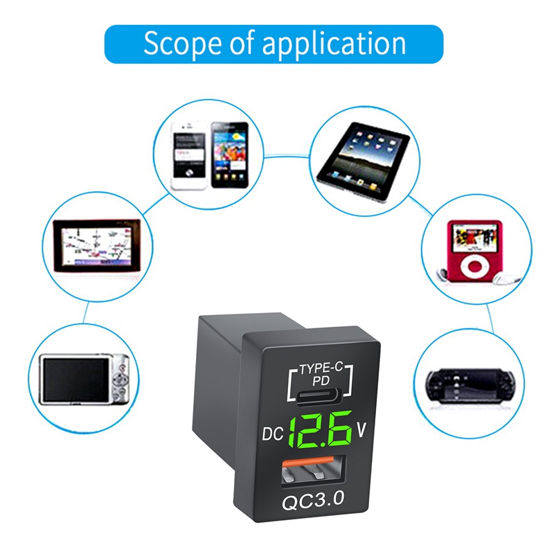 Ổ Cắm Sạc Nhanh QC3.0 PD Type-C Kỹ Thuật Số Màu Xanh Lá Có Đèn LED Cho Xe Hơi Toyota