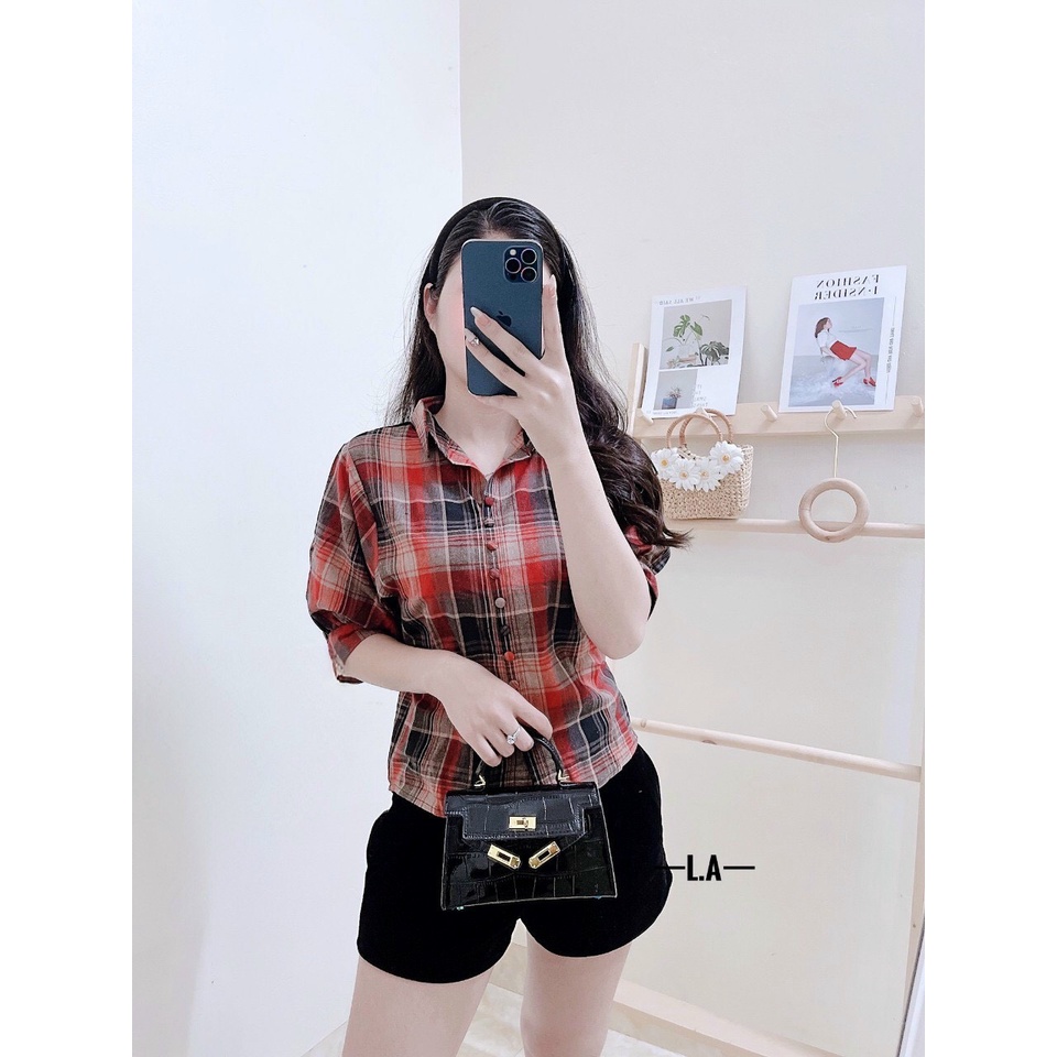Áo sơ mi nữ, áo kẻ chất vải thô thiết kế kiểu chui đầu tay ngắn dáng vừa, cúc bọc thời trang trẻ trung lịch lãm cho nữ