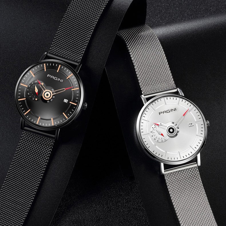 Đồng Hồ Nam Pagini PA9968 dây thép lụa Titanium thời trang Cao Cấp, có lịch ngày