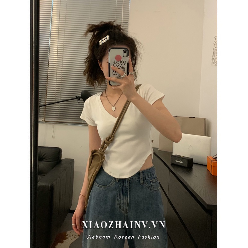 Xiaozhainv Áo Thun crop top Tay Ngắn Cổ Chữ V 3 Màu Sắc Đa Dạng Hợp Thời Trang