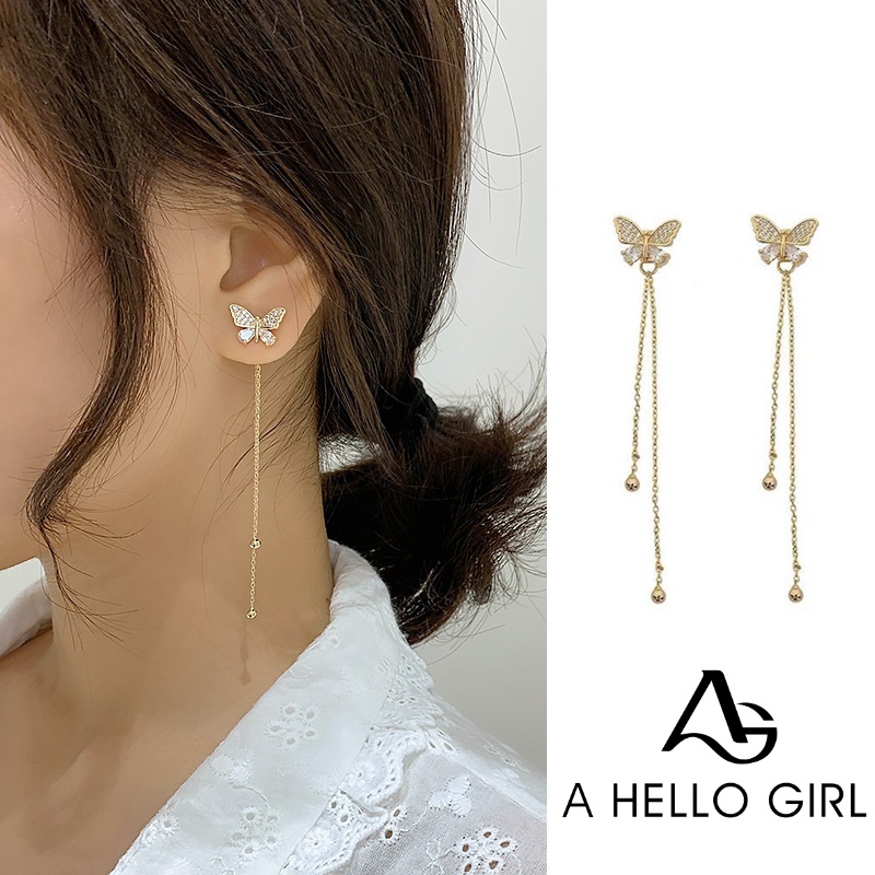 Khuyên tai Ahellogirl dáng dài phối hình bướm thời trang Hàn Quốc ngọt ngào cho nữ