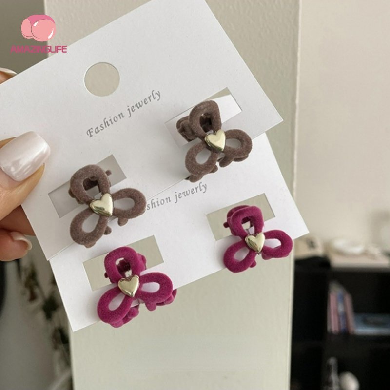 Bộ 2 Kẹp Tóc Nơ Trái Tim Bằng Nhung Mùa Thu Đông / Kẹp Tóc Nhỏ Kết Hợp Dễ Thương Chất Lượng Cao