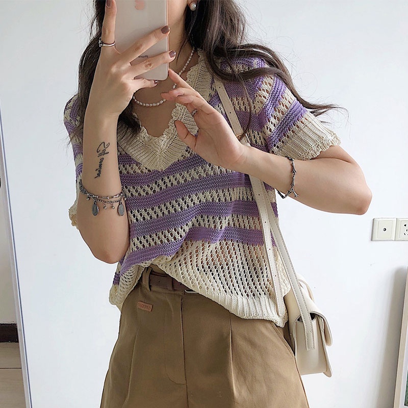 Áo Thun Tay Ngắn Cổ Chữ V Họa Tiết Kẻ Sọc Ngang Phong Cách Hàn Quốc Thời Trang Mới Cho Nữ