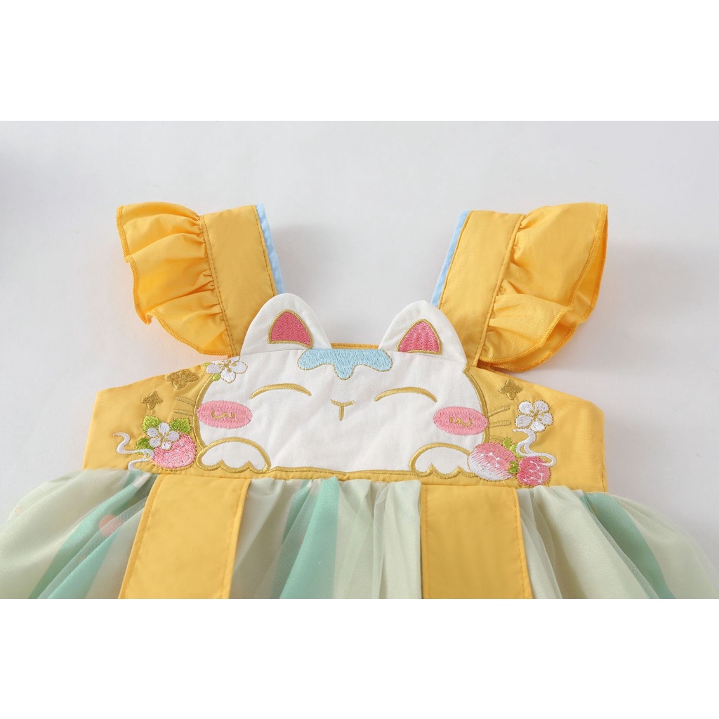 Đầm Hán phục BCBL không tay họa tiết mèo trăng tròn cho bé gái