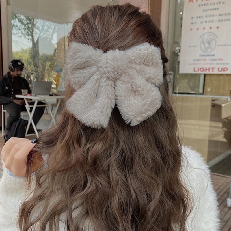 Kẹp Tóc Nơ Lớn Bằng Lông Giả Màu Trơn Thời Trang Dành Cho Nữ