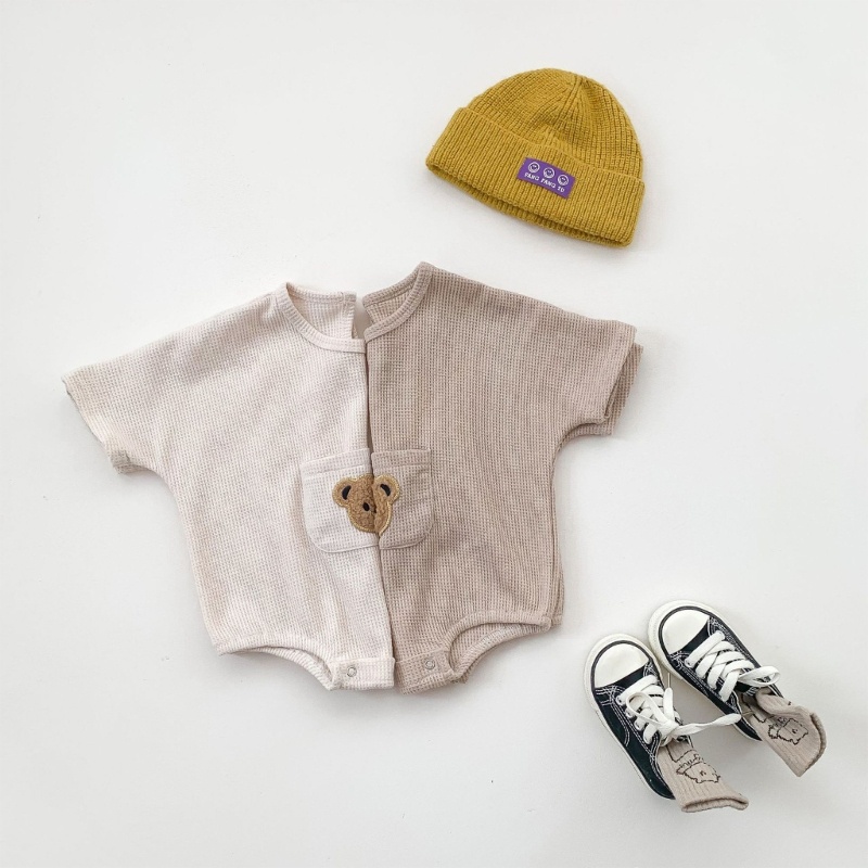 Han Baby Waffle Áo Liền Quần Ngắn Tay Quấn Hông Thân Thiện Với Làn Da Trung Tính Thời Trang Mùa Hè Cho Bé Trai Bé Gái Sơ Sinh