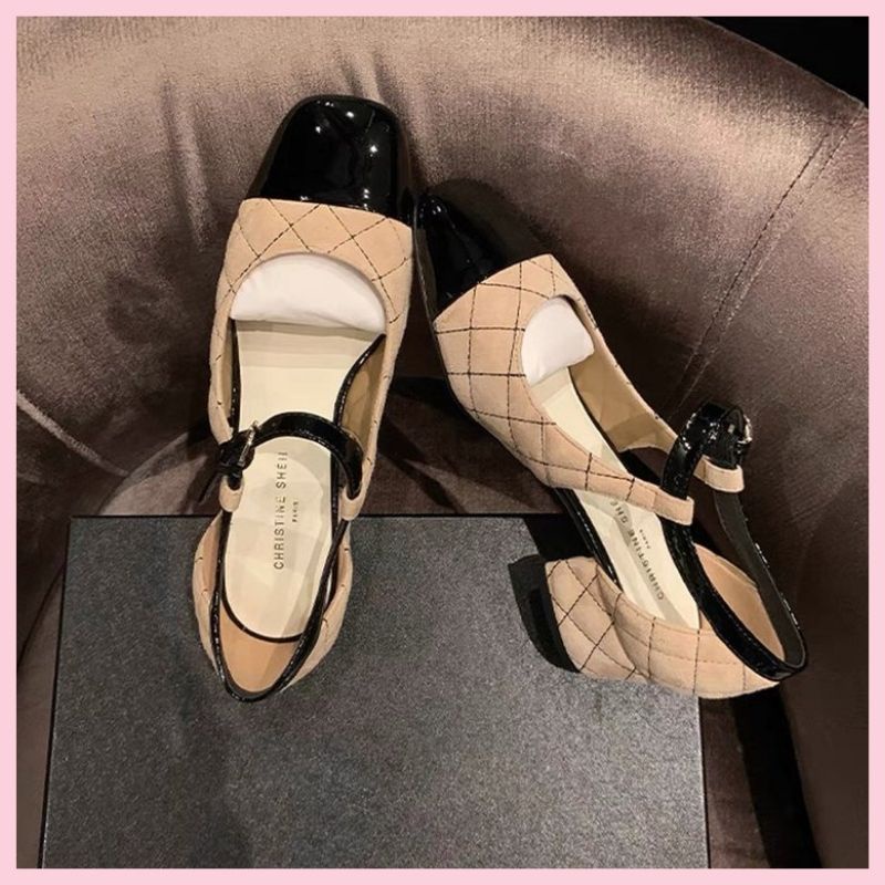 Guốc nữ cao gót đế vuông kẻ caro mũi tròn bóng full box sang trọng nhẹ nhàng tiểu thư jumato