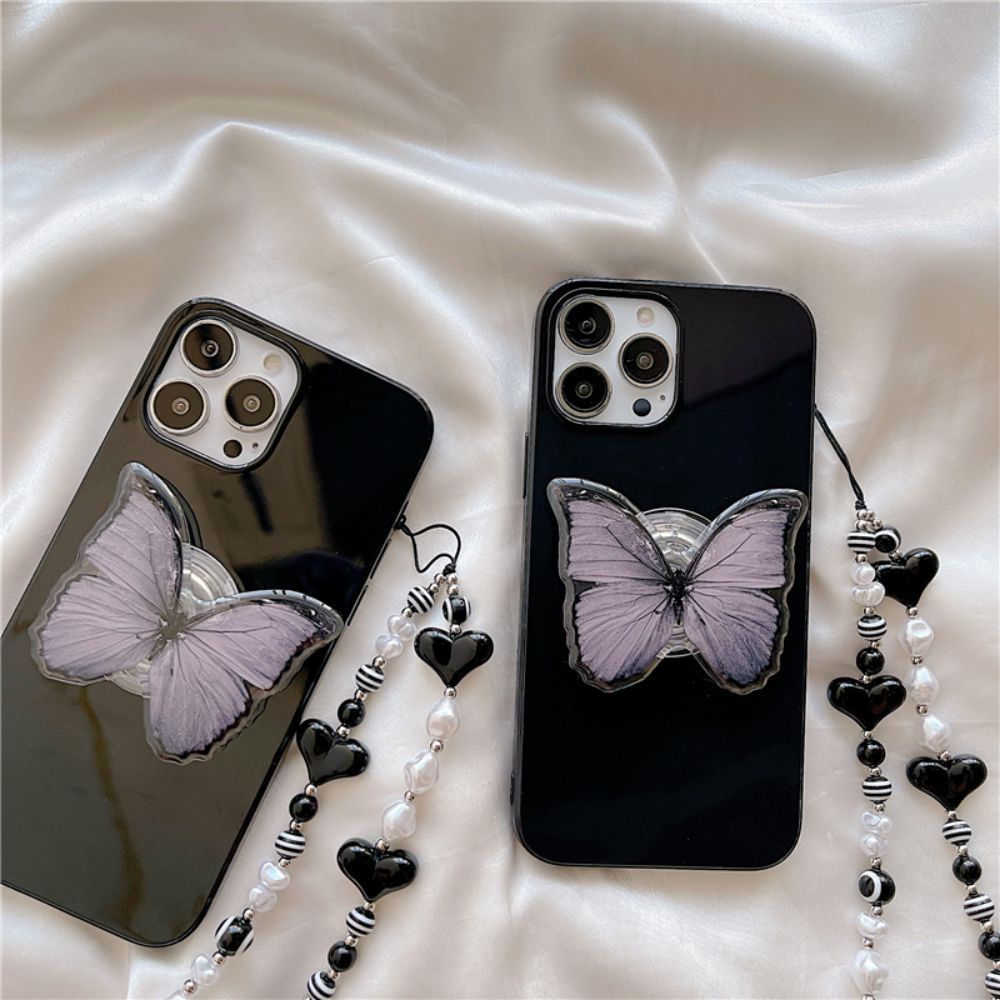 Ốp Điện Thoại TPU Mềm Chống Rơi Họa Tiết Bướm Có Giá Đỡ Và Dây Xích Ngọc Trai Cho IPhone 14 13 12 11 Pro Max XS XR 8 7