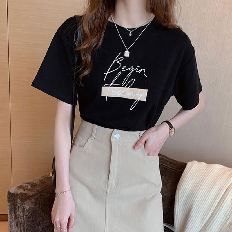 Áo Thun Nữ Ngắn Tay In Chữ Phong Cách Hàn Quốc Năng Động áo croptop