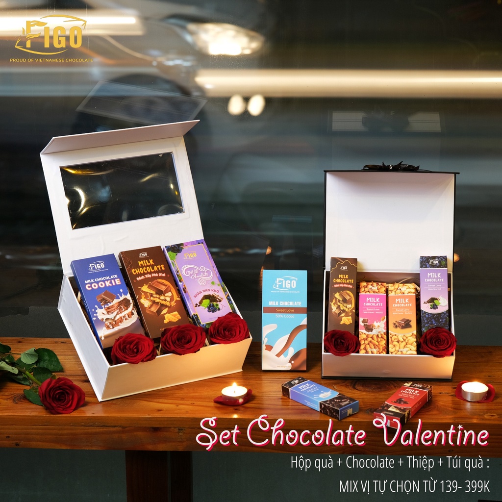Set quà Chocolate valentine có hoa hồng, thiệp, nơ, túi quà FIGO mix các vị siêu đẹp, ngon