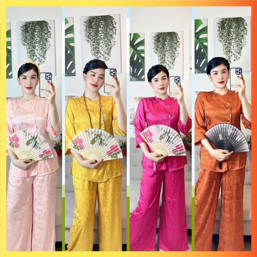 ÁO BÀ BA ĐỒ LAM ĐI LỄ CHÙA CÁCH TÂN THIẾT KẾ TAY LỠ CỔ TRÒN ĐÍNH NGỌC VIỀN THÂN ÁO KÈM QUẦN MAY SẴN NHIỀU MÀU