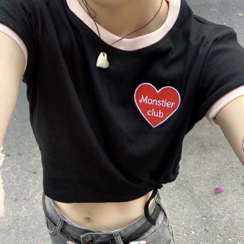 Áo Croptop Dây Rút chiết eo siu xinh - Thêu Trái Tim Chữ Monstier