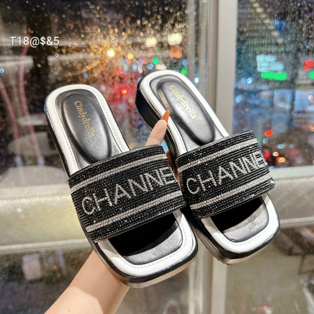 Dép Bản Chữ Thêu Mũi Vuông Đế 3 Phân Thời Trang Siêu Đẹp