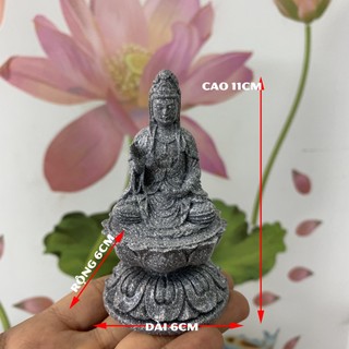 Tượng đá Phật Bà Quan Thế Âm Bồ Tát ngồi tòa sen - Chiều cao 11cm - Màu đá xám