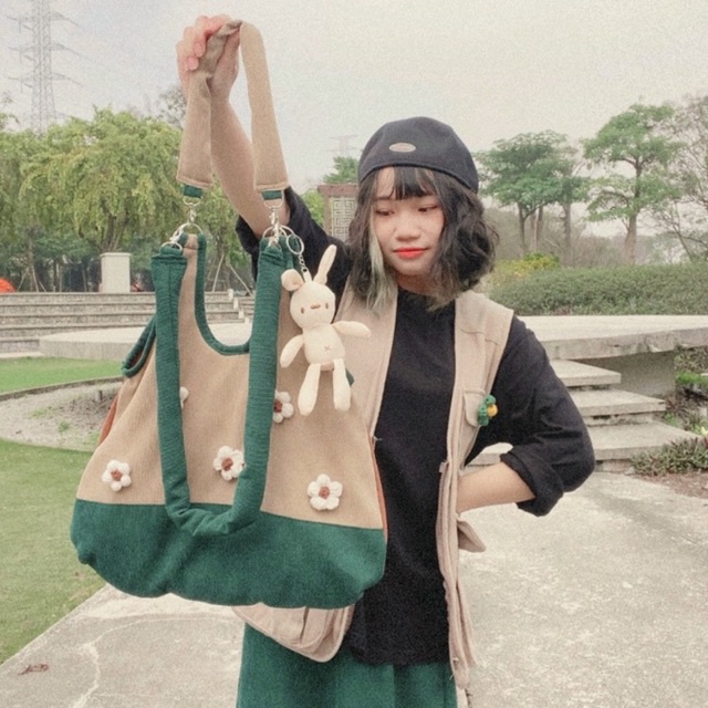 Túi tote túi đeo chéo nhung tăm phối màu retro phong cách Nhật Bản đi chơi đi học TYDYTRO