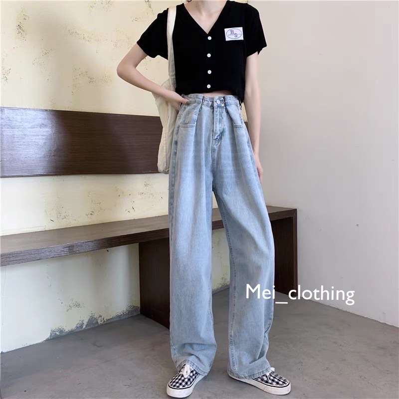 Quần Jean ống rộng GÀI EO Hàn Quốc, quần jean suông cạp cao hack dáng