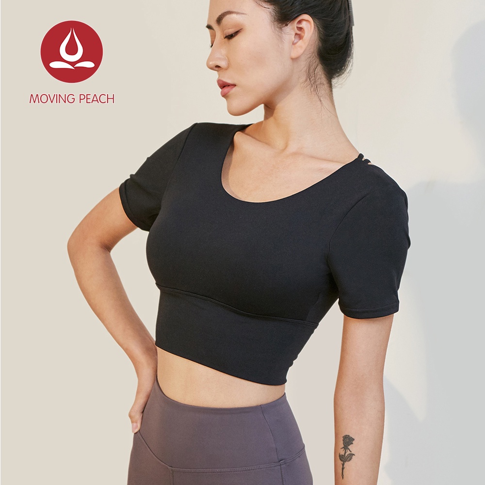 MOVING PEACH Áo thun thể thao croptop tay ngắn có đệm ngực thời trang yoga dành cho nữ ATH