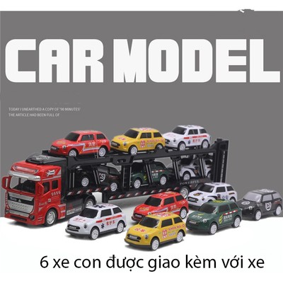 Đồ chơi xe đầu kéo sơ mi rơ móc KAVY chở 6 xe ô tô đầu xe hợp kim có thể tháo rời