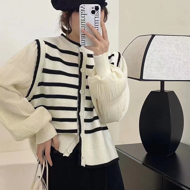 Áo kiểu SUXI tay phồng họa tiết kẻ sọc phong cách Hàn Quốc thời trang mùa xuân cho nữ
