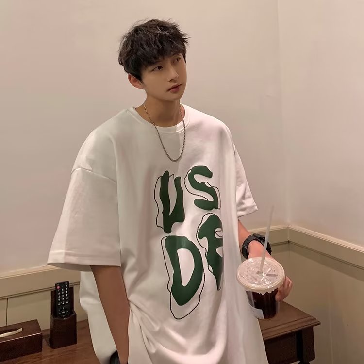 （size M-8XL）Áo Thun Mùa Hè Dáng Rộng Tay Ngắn In Chữ Màu Xanh Lá Cây Thoải Mái Có Size Lớn Cho Nam