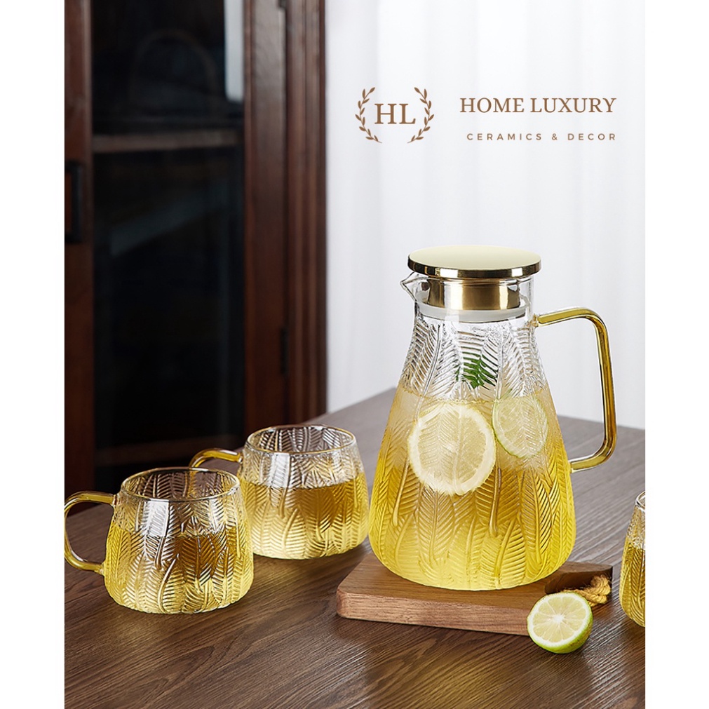 Bộ bình cốc vân lá  liễu dập nổi | BỘ BÌNH CỐC chất liệu thủy tinh chịu nóng BOROSILICATE SIÊU BỀN SIÊU NHẸ thời thượng