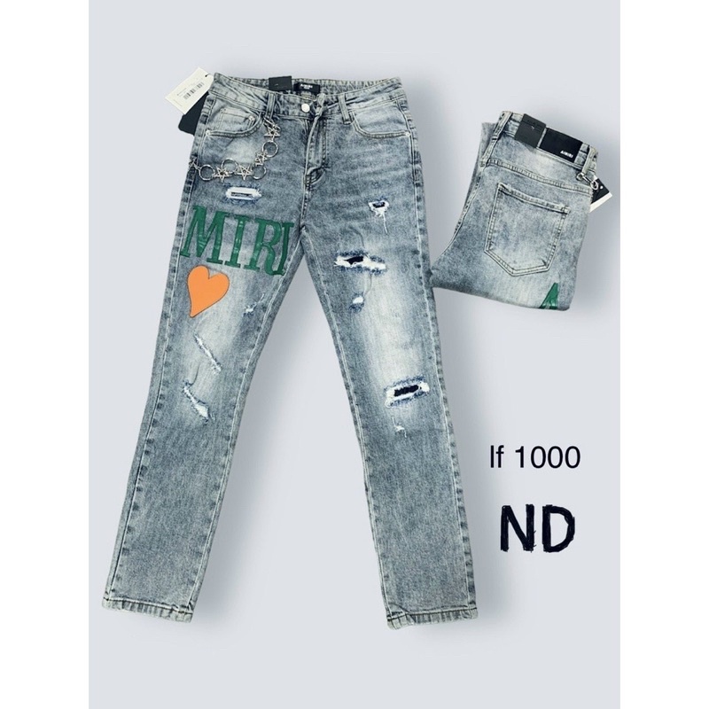 Quần bò nam amiri cao cấp xanh rách gối chất liệu co dãn.
