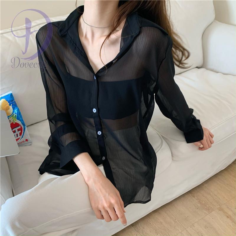 Áo Sơ Mi Voan Mỏng Tay Dài Xuyên Thấu Màu Đen Trơn Cỡ Lớn Thoáng Khí Thời Trang Công Sở Cho Nữ