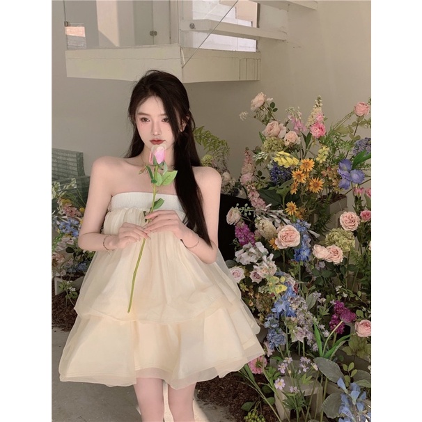 Váy babydoll Đầm Công Chúa Mùa Hè Dáng Chữ A Phối Lưới váy cổ tích ulzzang công chúa Đầm quây búp bê voan tầng bồng bềnh