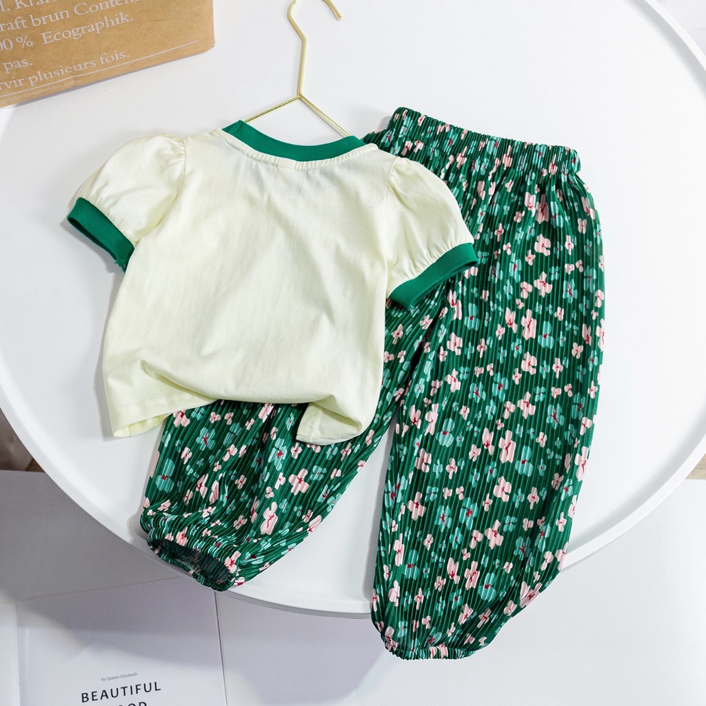 BABEPROUD Bộ áo thun in hoạt hình thỏ+quần dài chống muỗi màu xanh lá phong cách Hàn Quốc dễ thương cho bé gái 2-7 tuổi