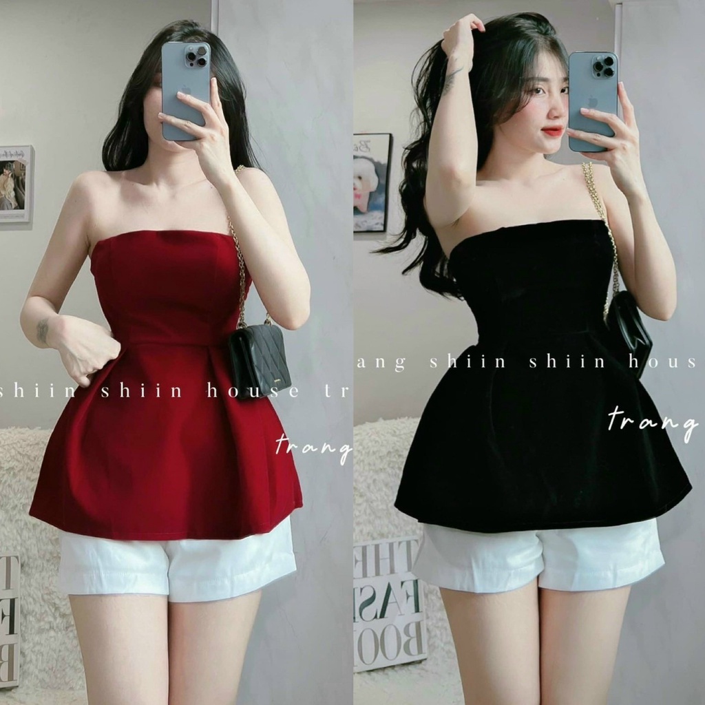 Set bộ đồ nữ áo nhung cúp ngực với tone màu đỏ, đen quyến rũ mix quần ống rộng dành cho các nàng đi chơi, dạo phố