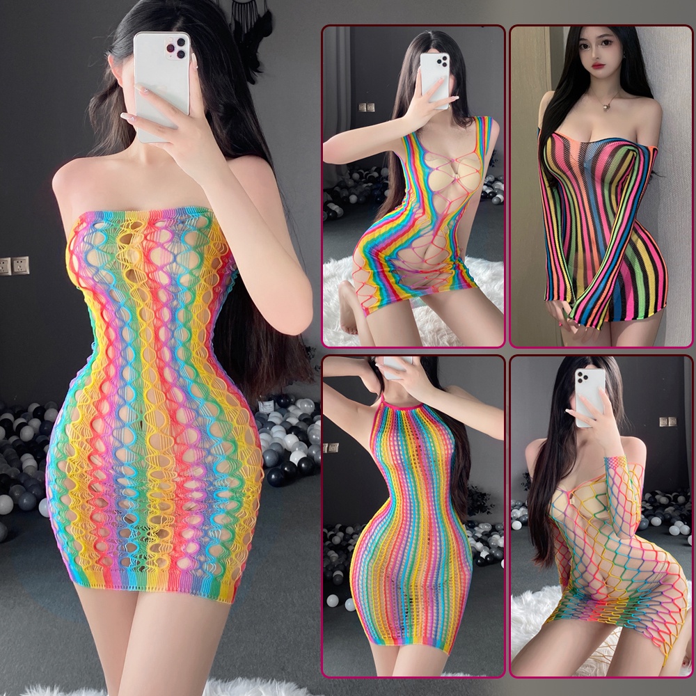 Đồ lót liền thân lưới sexy ôm body sọc màu 7 sắc cầu vòng gợi cảm | BigBuy360 - bigbuy360.vn