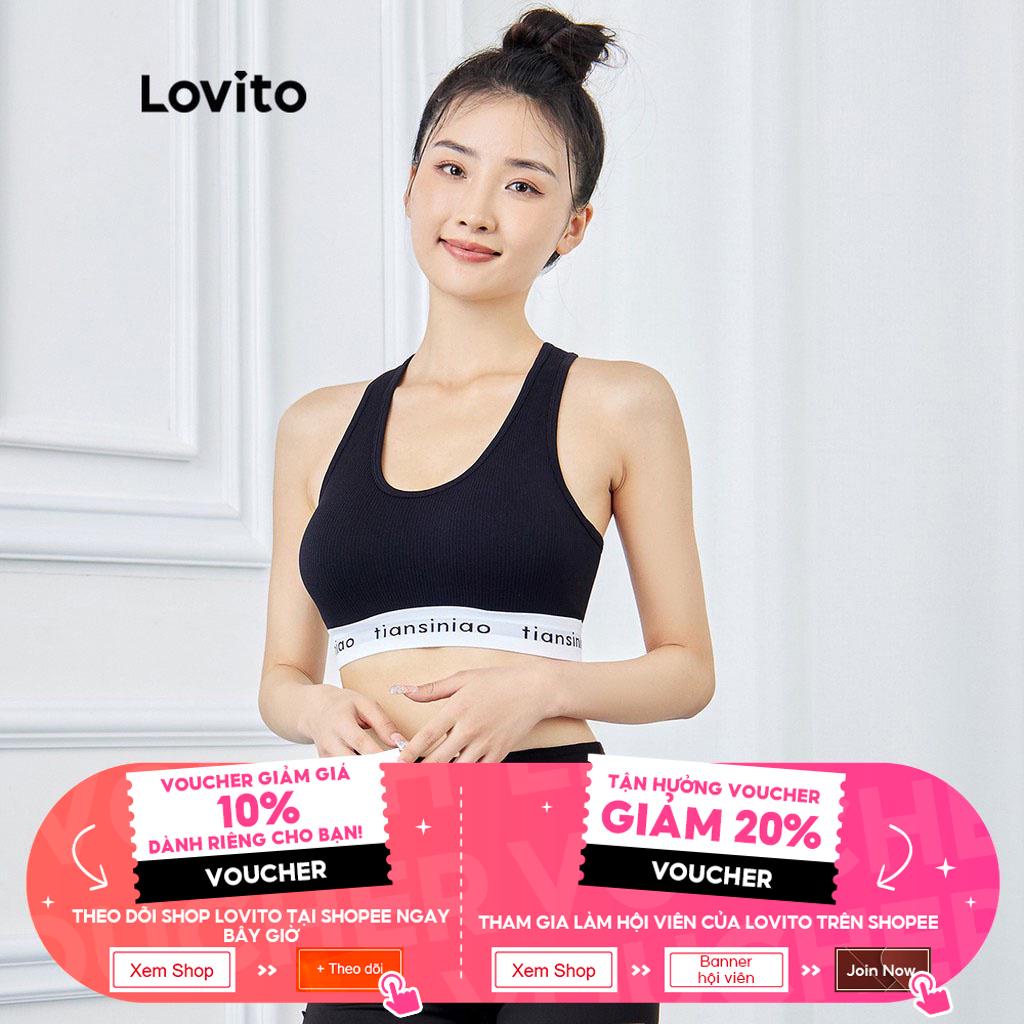 Áo ngực thể thao Lovito liền mảnh phối đệm có thể tháo rời được màu trơn tập yoga L15X188 (Màu đen)