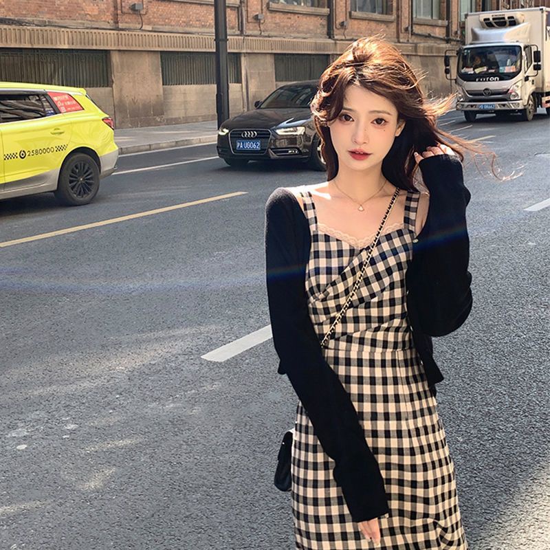 Đầm Dệt Kim Dáng Dài Chống Nắng Họa Tiết Sọc Caro Phong Cách Pháp Cổ Điển Thời Trang Mùa Xuân Cho Nữ