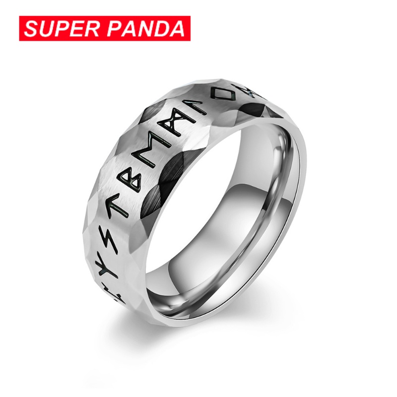 Nhẫn Thép Titan Khắc Chữ Luen rune Và Gấu Trúc Phong Cách Bắc Âu Cổ Điển Hàng Mới 2023 Dành Cho Nam Và Nữ