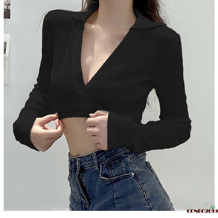 Áo Croptop Dệt Kim Tay Dài Cổ Chữ V Khoét Sâu Màu Sắc Thanh Lịch