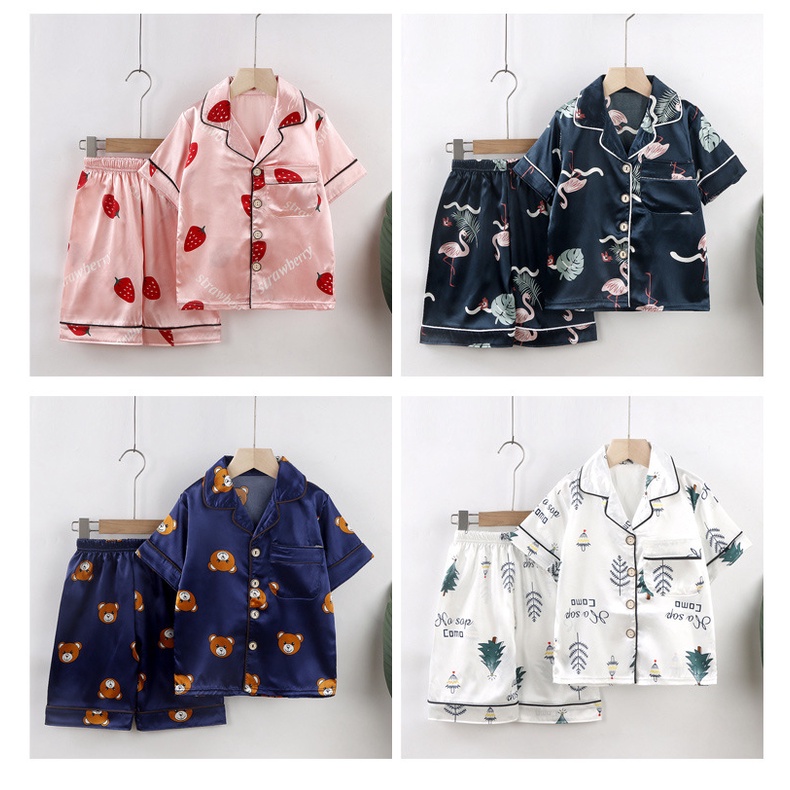 Bộ Đồ Ngủ Ngắn Tay Bằng Lụa Nhẹ In Họa Tiết Hoạt Hình Thời Trang Xuân Hè Kích Thước 110-160CM Cho Trẻ Em