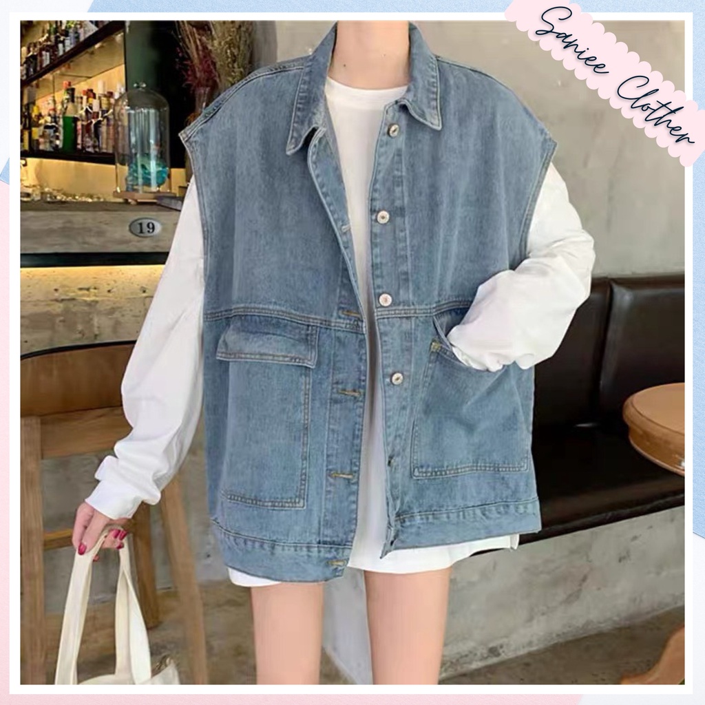Áo gile jeans nữ dáng hàn, áo khoác bò nữ không tay có túi style đường phố Saniee Clothes