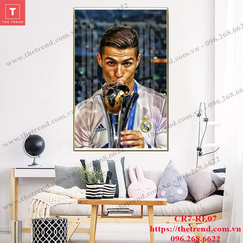 Tranh tráng gương Ronaldo CR7 khoác áo Realmadrid, tranh treo tường tráng gương CR7 Realmadrid, tranh tráng gương cầu th