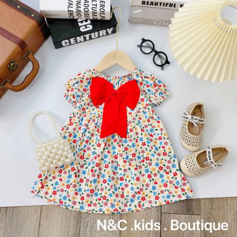 Váy hoa nhí bé gái nơ ngực tay bồng chất thô hàn đẹp mát