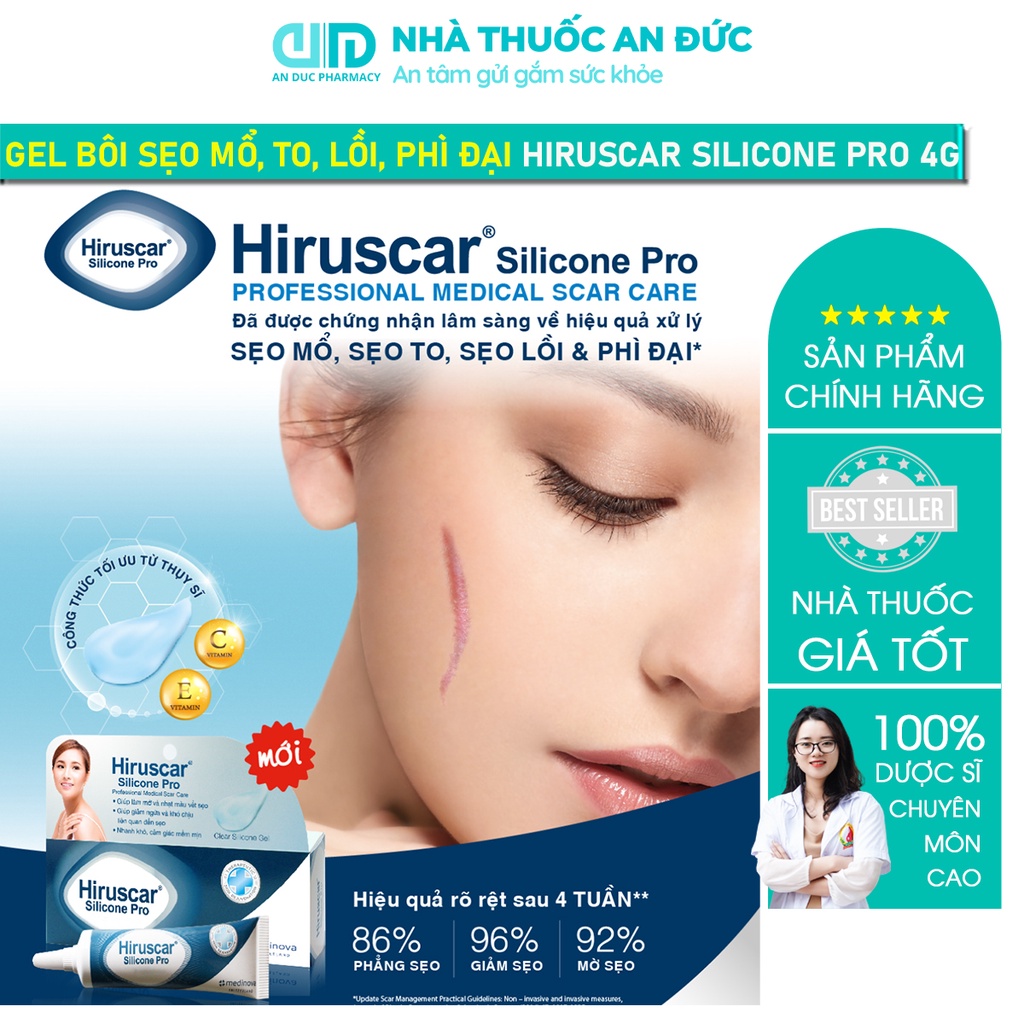 Gel bôi sẹo mổ, to, lồi và sẹo phì đại Hiruscar Silicone Pro 4g - Nhà thuốc An Đức