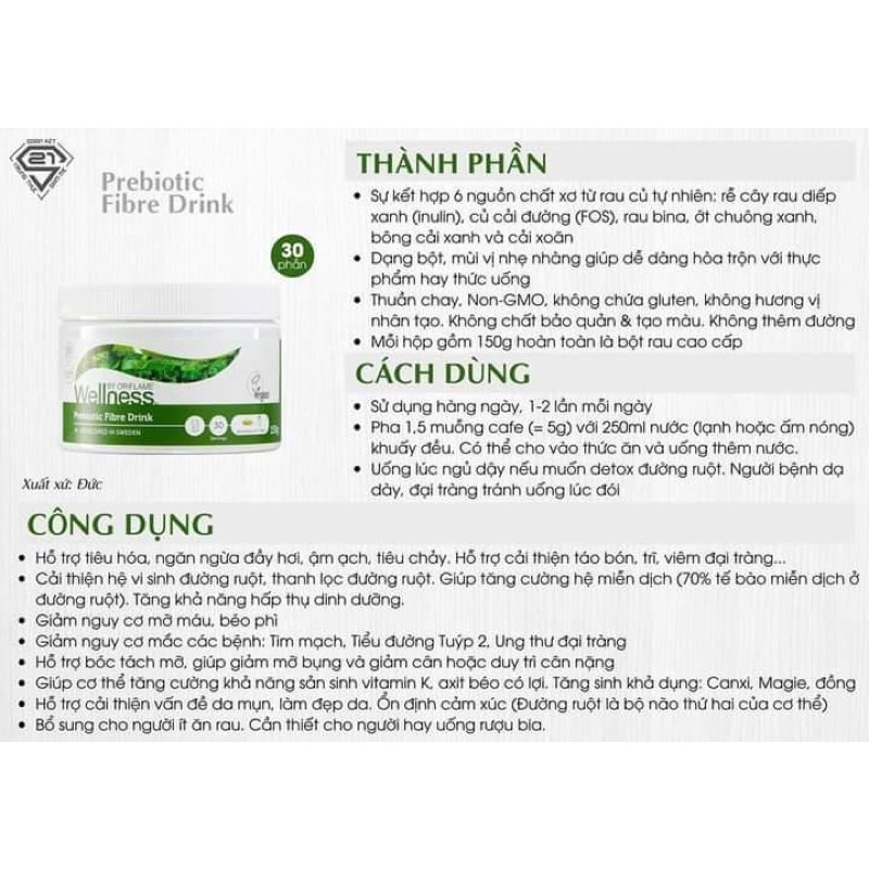 3.1.7.5.0 - 150g - 30 lần uống - Bột uống bổ sung chất xơ