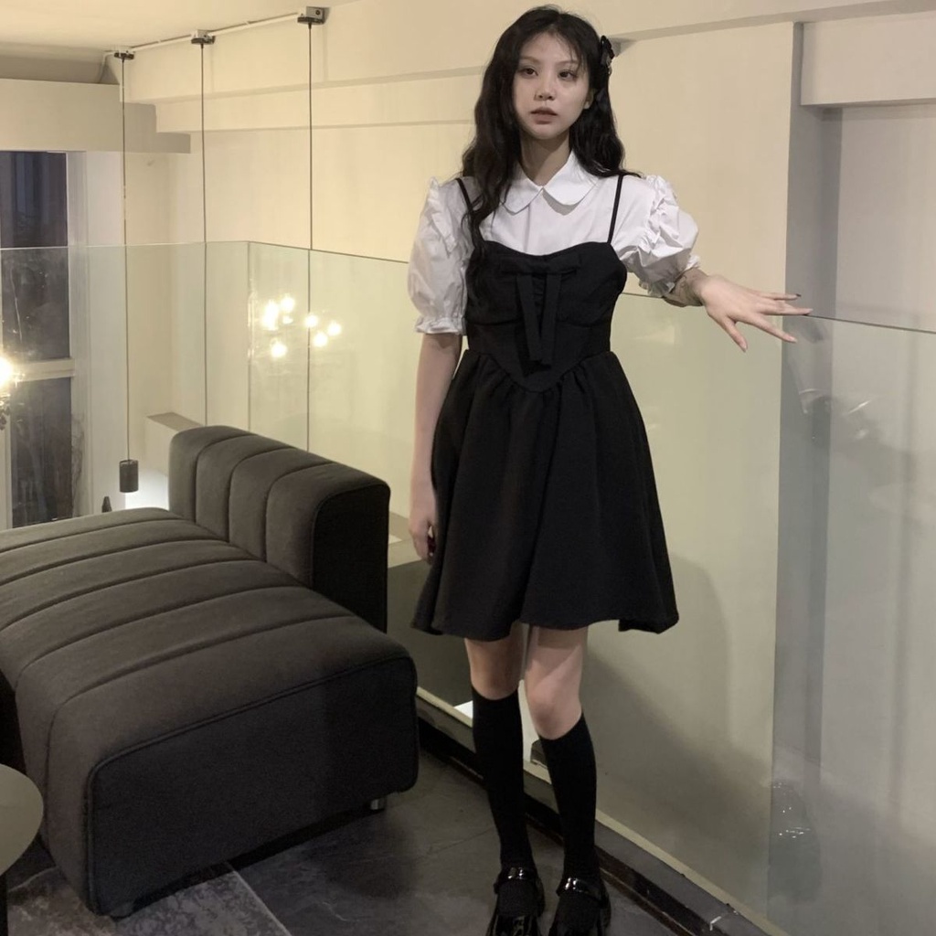 Set Áo Sơ Mi Trắng Tay Phồng + Đầm Chiết Eo Đính Nơ Thời Trang Dành Cho Nữ