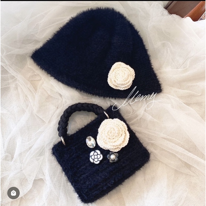 Set nón+túi Handmade hoa trà sợi len xù