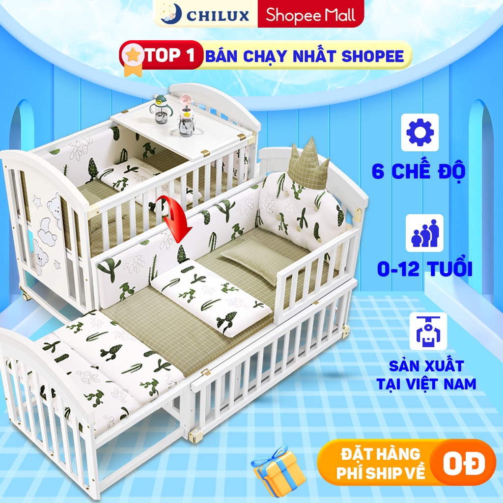 Nôi cũi cho bé sơ sinh đa năng CHILUX PEACE WHITE - Sử dụng từ 0 đến 12 tuổi - Bảo hành 3 năm chính hãng