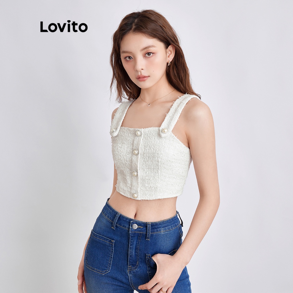 Áo lửng Lovito hai dây bản rộng phối nút phong cách thường ngày dành cho nữ L41ED011 (trắng ngà)