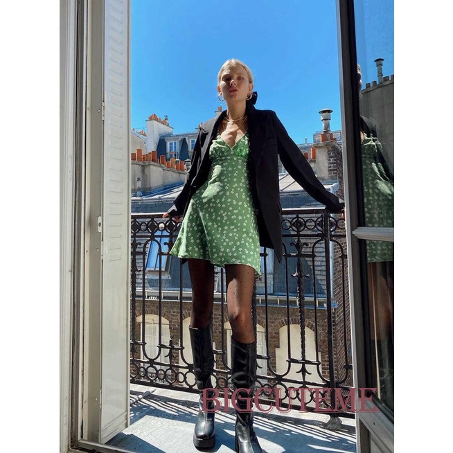 Đầm Ngắn Không Tay Cổ Chữ V Họa Tiết Chấm Bi Lưng Cao Phối Dây Rút Thời Trang Nữ