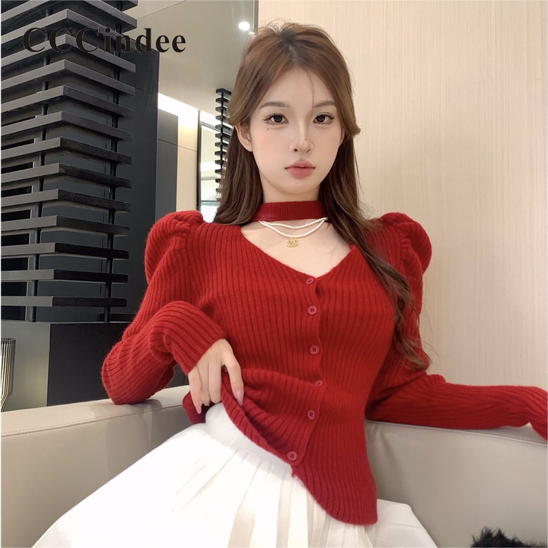 Áo Sweater Cổ V Tay Phồng Thời Trang 2023 Cho Nữ